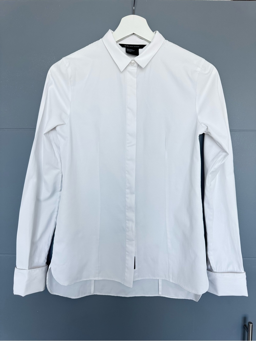 Armani Exchange White Textured Button Up Blouse XS Hidden Placket French Cuff